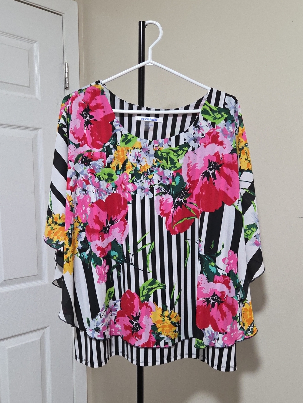 Peter Nygard Plus Size Striped Floral Tunic with Pink and Yellow Blooms